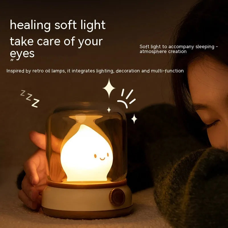Retro oil lamp design LED night light in green or yellow colour with USB charging port