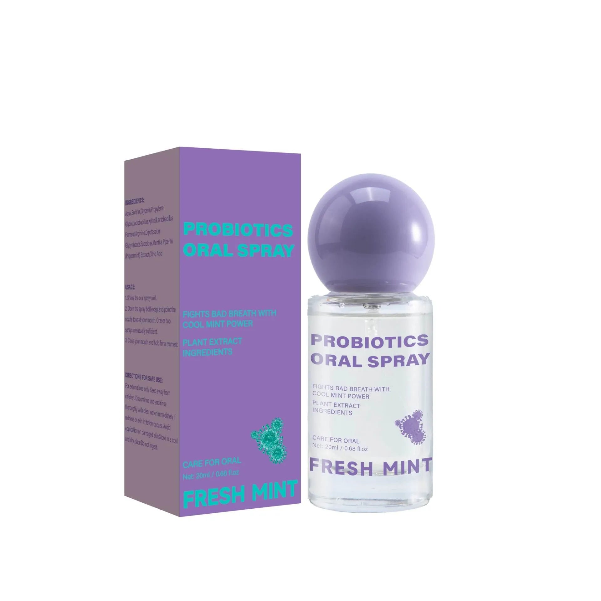 Portable probiotic oral spray 20ml bottle on white background, fresh breath mouth spray for on-the-go use