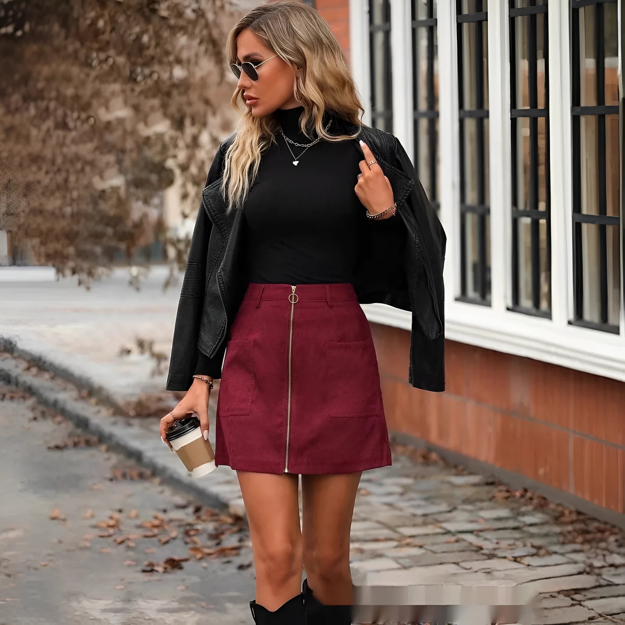 Women's high waist stitching zipper short skirt in black, shown as a hip skirt.