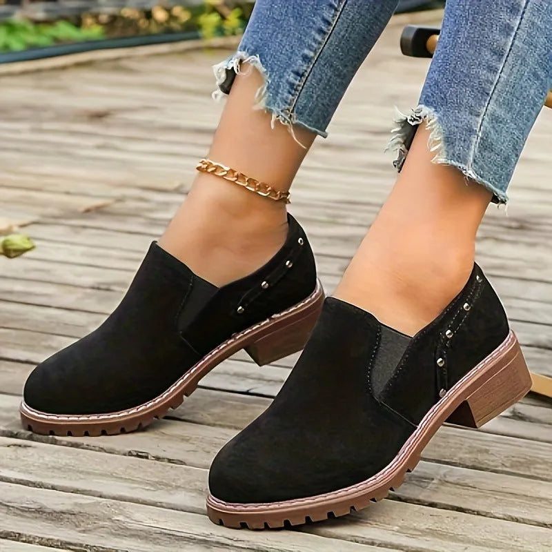 Plus size suede ankle boots with low chunky heel under 3cm, elastic band and metal detail in black or light brown