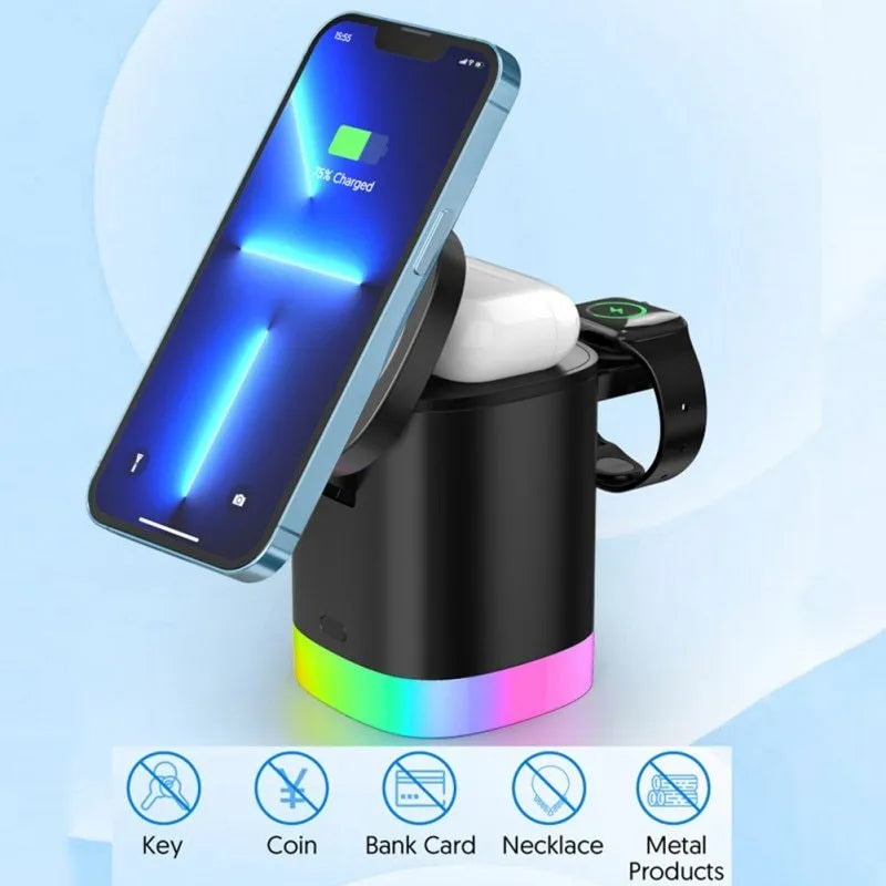 Black foldable 3 in 1 wireless charging station showing phone, watch, and earbuds charging simultaneously with RGB light