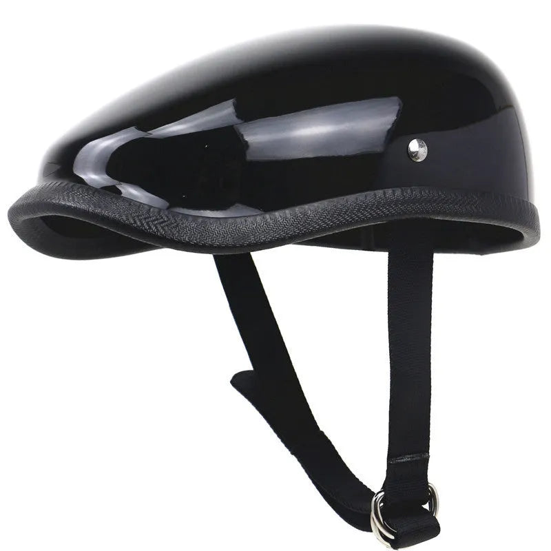 Bright black Japanese beret half helmet, hand-made fiberglass, sizes S to XXL