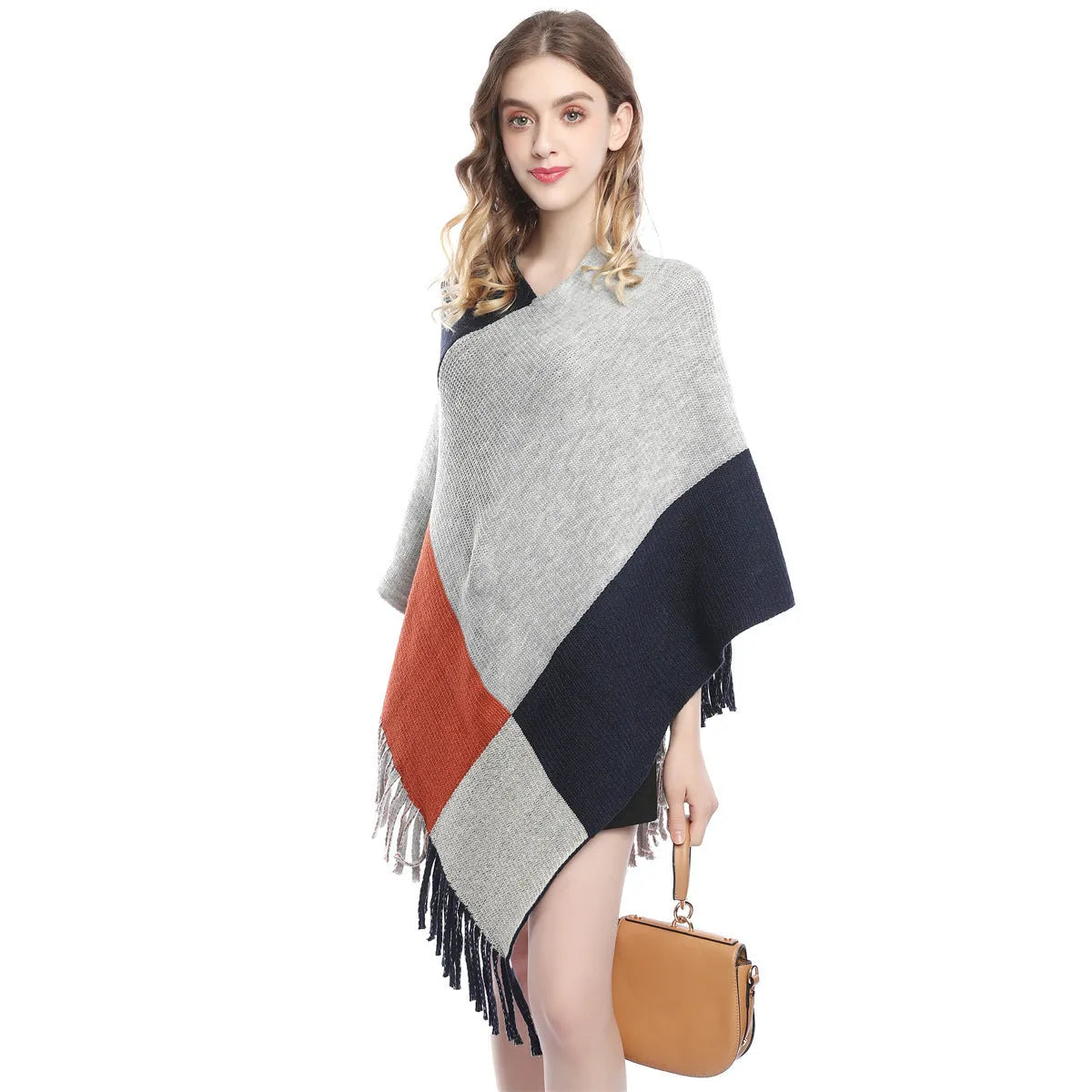 Women's plaid knitted shawl cape with colour contrast patchwork, 60-80cm length, acrylic and artificial wool.