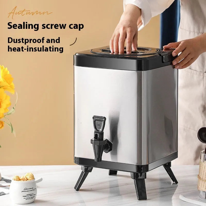 Silver stainless steel milk tea bucket with square lock lid and 8 litre capacity