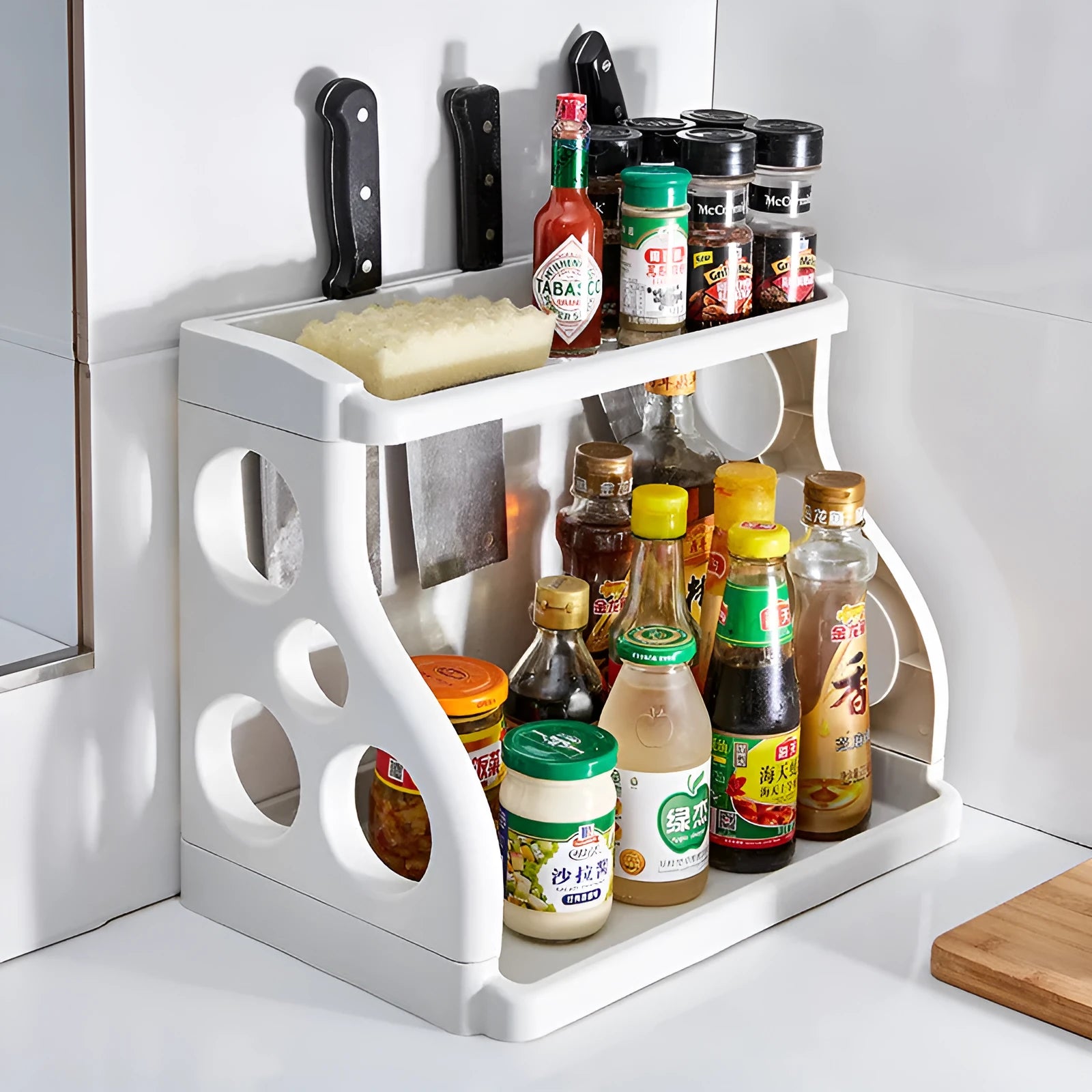 Foldable multilayer kitchen storage rack in PP plastic showing dimensions and colour options