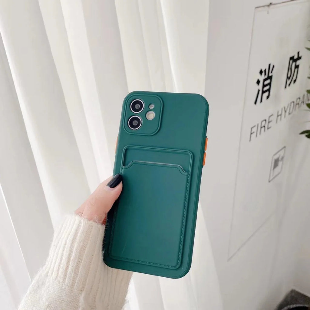 Orange TPU phone case with card slot back cover for iPhone showing protective edge