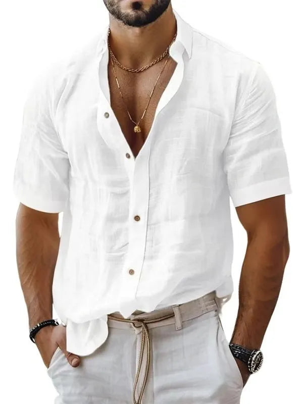 Men's short sleeve lapel shirt in light green, shown in a cardigan style with a casual fit.