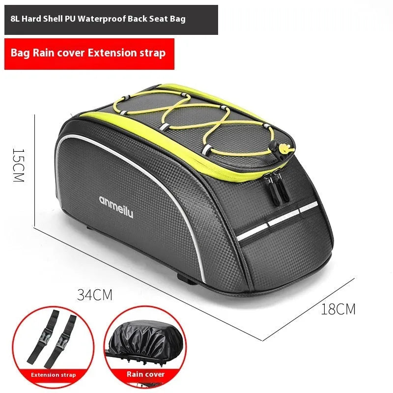 Waterproof black PU leather bicycle pannier bag mounted on a bike rear rack.