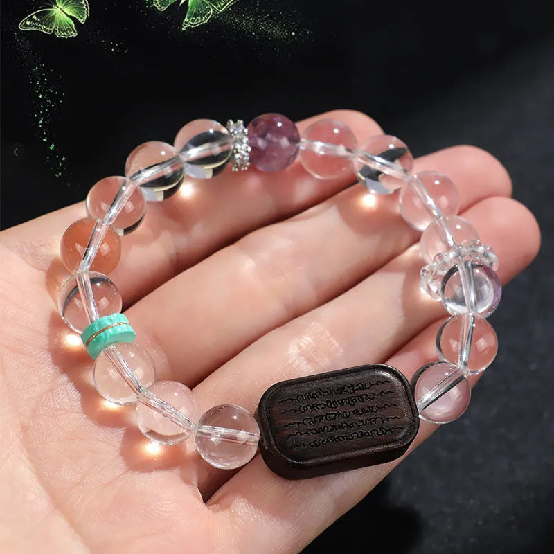 Natural white crystal ebony five bead ethnic bracelet with adjustable fastening