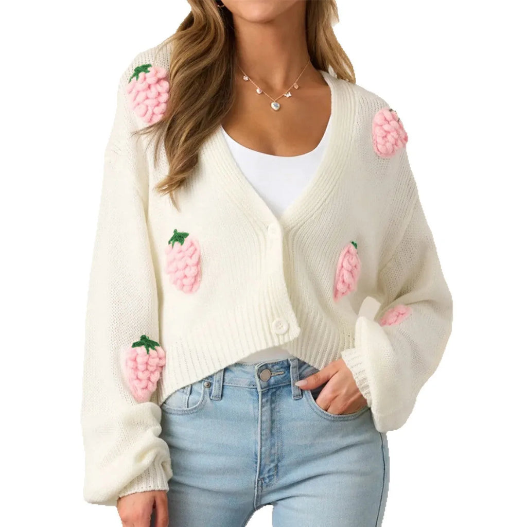 3D strawberry pattern women's acrylic knit sweater in milky white with long sleeves and regular fit