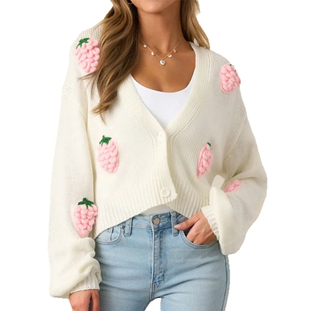 3D strawberry pattern women's acrylic knit sweater in milky white with long sleeves and regular fit