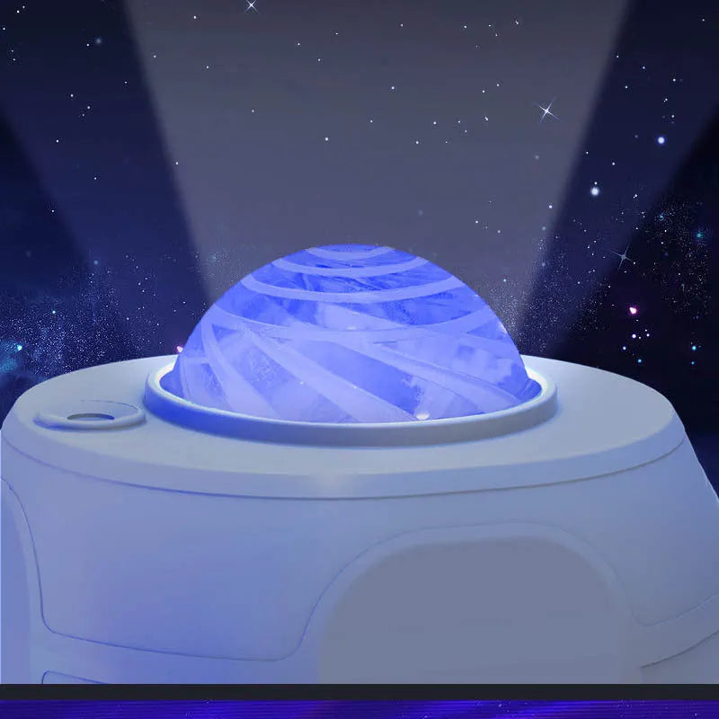 White swirl moon full star laser atmosphere lamp with remote control on a table