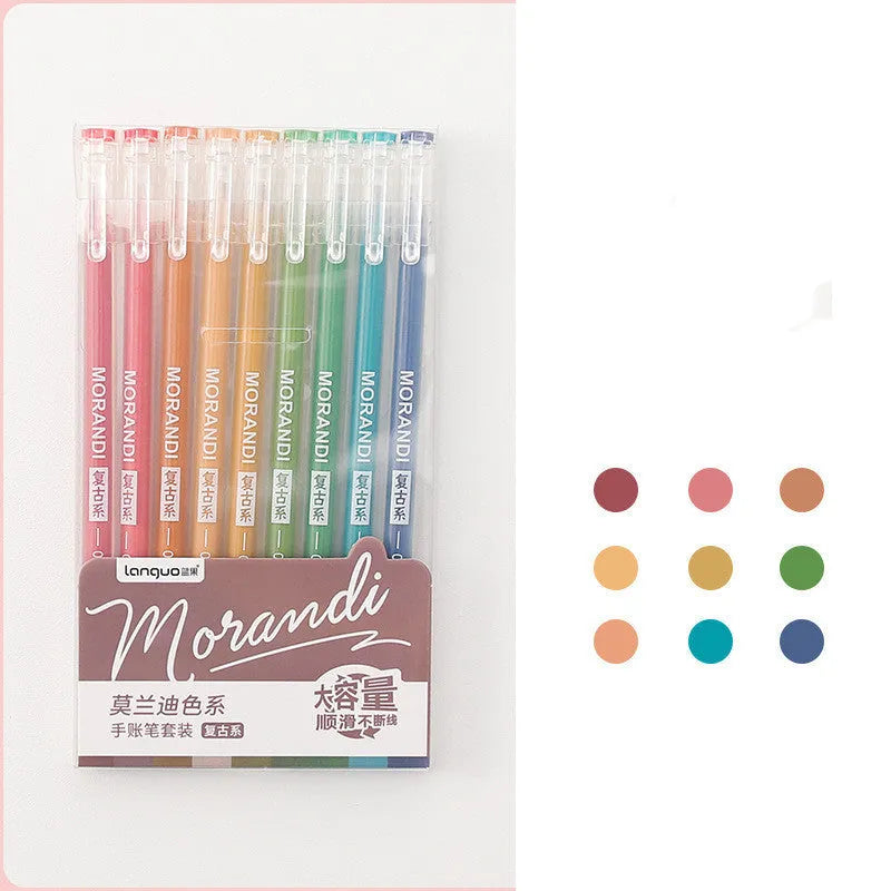 Set of nine solid colour gel pens with 0.5mm needle tips for student notes and journaling