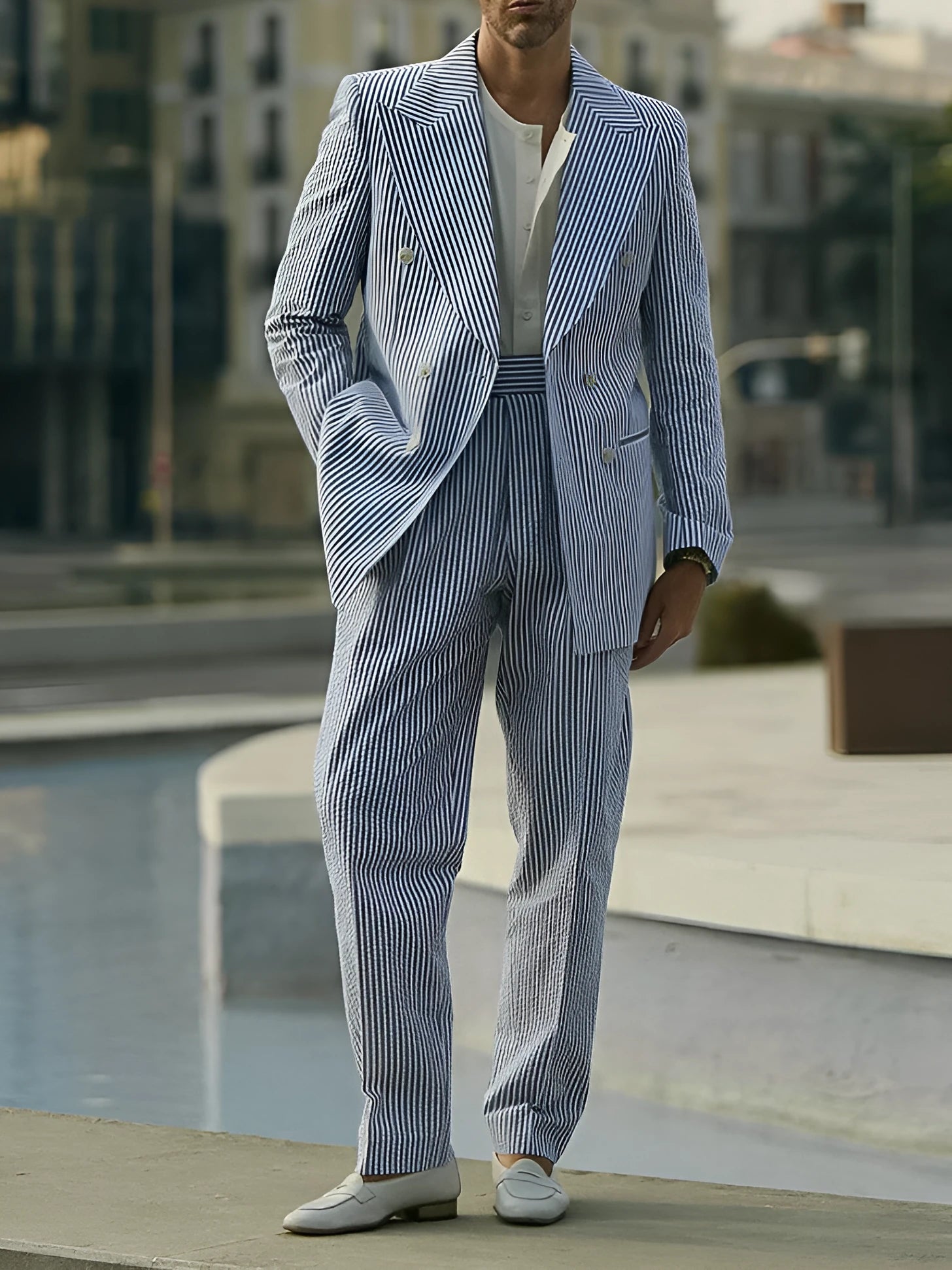 Blue and white striped women's blazer and trouser suit set on a hanger