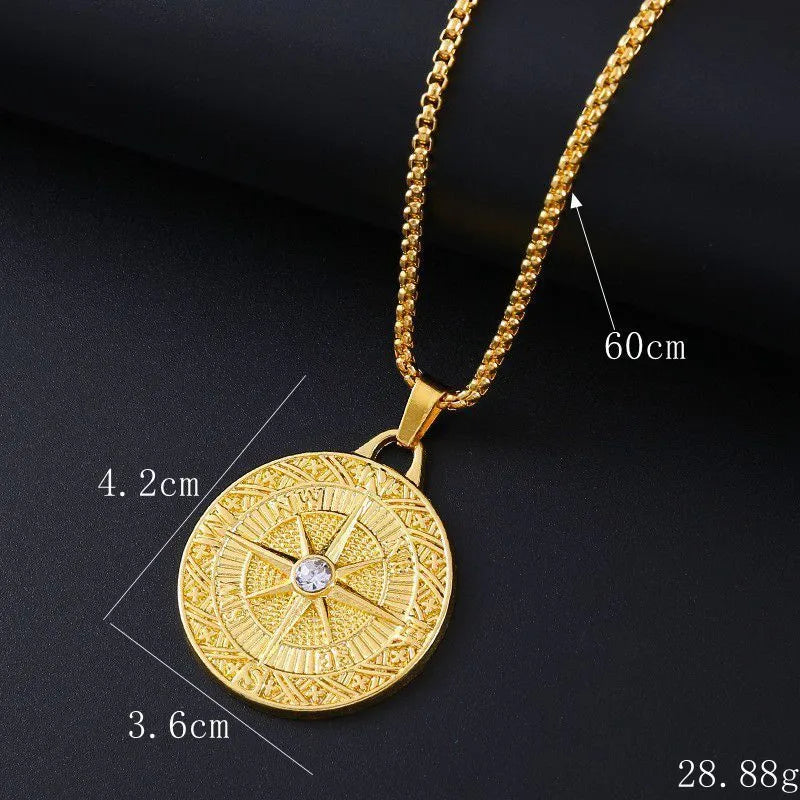 Geometric gold tone alloy necklace for women with an inlaid zircon stone pendant.