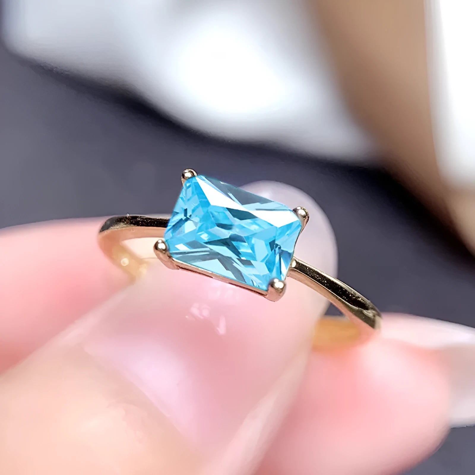 Sapphire blue zircon geometric bracelet ring with oval and love heart shapes on copper base