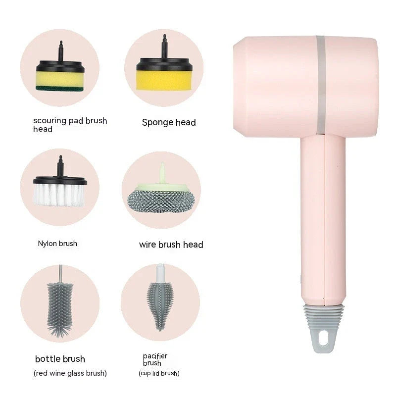 Cordless rechargeable electric cleaning brush with interchangeable brush heads for cleaning kitchen, bathtub, and tile surfaces