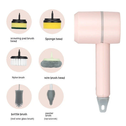 Cordless rechargeable electric cleaning brush with interchangeable brush heads for cleaning kitchen, bathtub, and tile surfaces