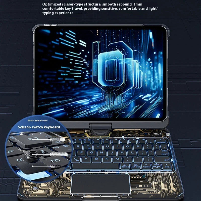 Versatile 360-degree swivel keyboard case with transparent backplate, scissor-style keys, and integrated trackpad for iPad