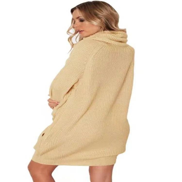 Ladies' mid-length pullover sweater with pocket in imitation cashmere fabric