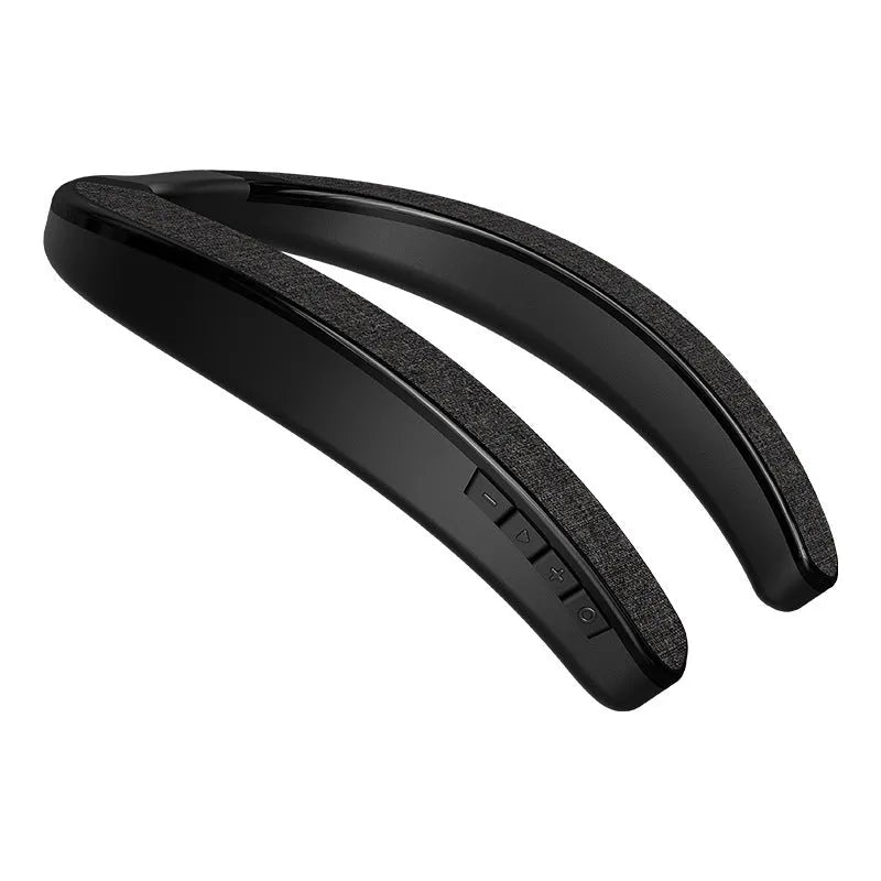 Neck-mounted stereo wireless Bluetooth speaker in black with USB charging