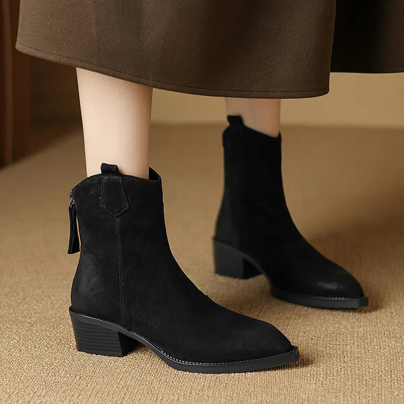 Women's martin boots retro chunky heel ankle boots in solid colour with round toe and low tube