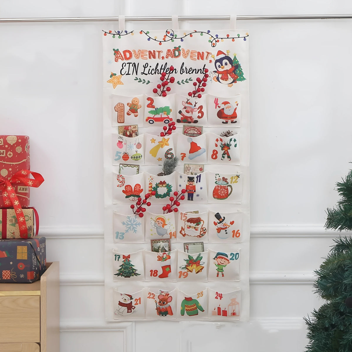 50x100cm brocade Christmas countdown gift bag with screen-printed design in Color 01