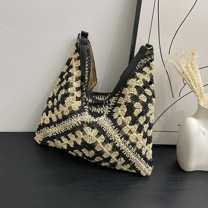 Handmade paper straw woven shoulder bag with hollow contrast colour weave and polyester lining in khaki beige or black khaki.