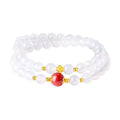 White agate women's bracelet with 6mm beads, geometric double-layer design and a jequirity bean cinnabar accent.