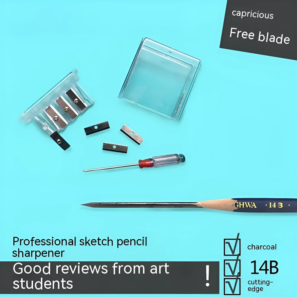 Four-hole pencil sharpener with geometric plastic design and replaceable blade system