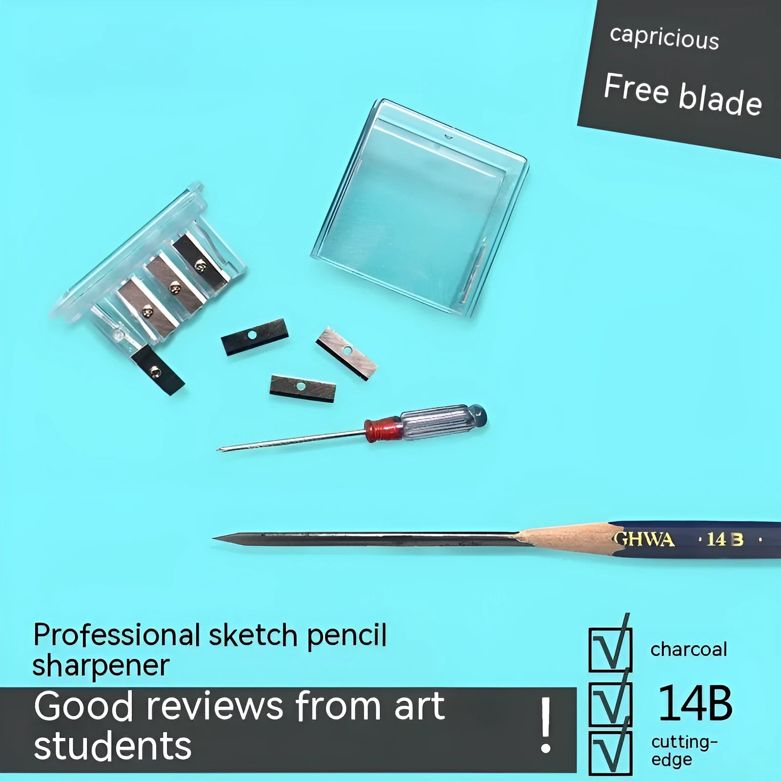 Four-hole pencil sharpener with geometric plastic design and replaceable blade system