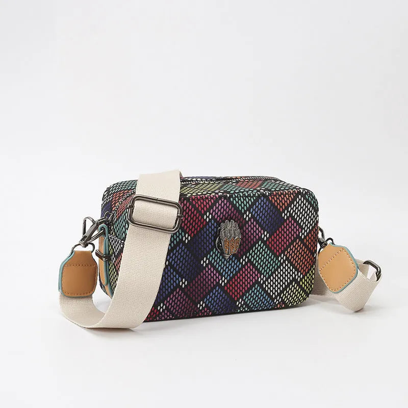 PU crossbody camera bag with wide strap, soft horizontal square shape, blue or multi-colour
