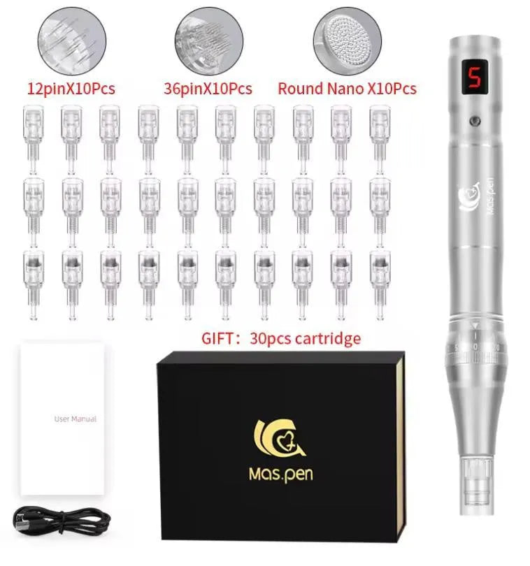 Electric micro-needling pen device with spiral tip cartridge for facial treatments