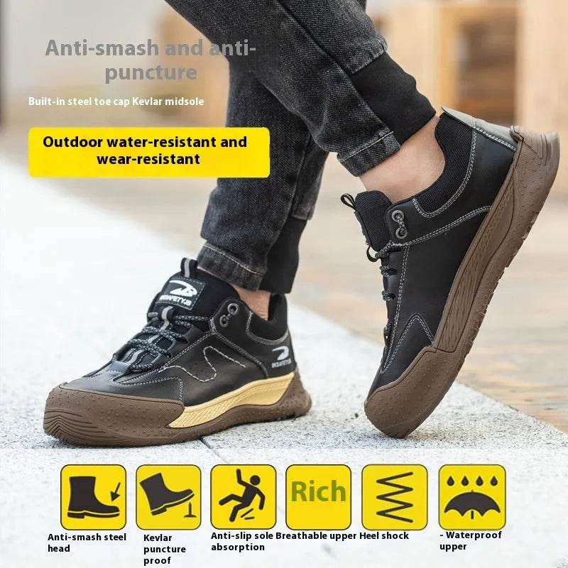Flyknit safety work shoes in brown with leather upper and rubber sole