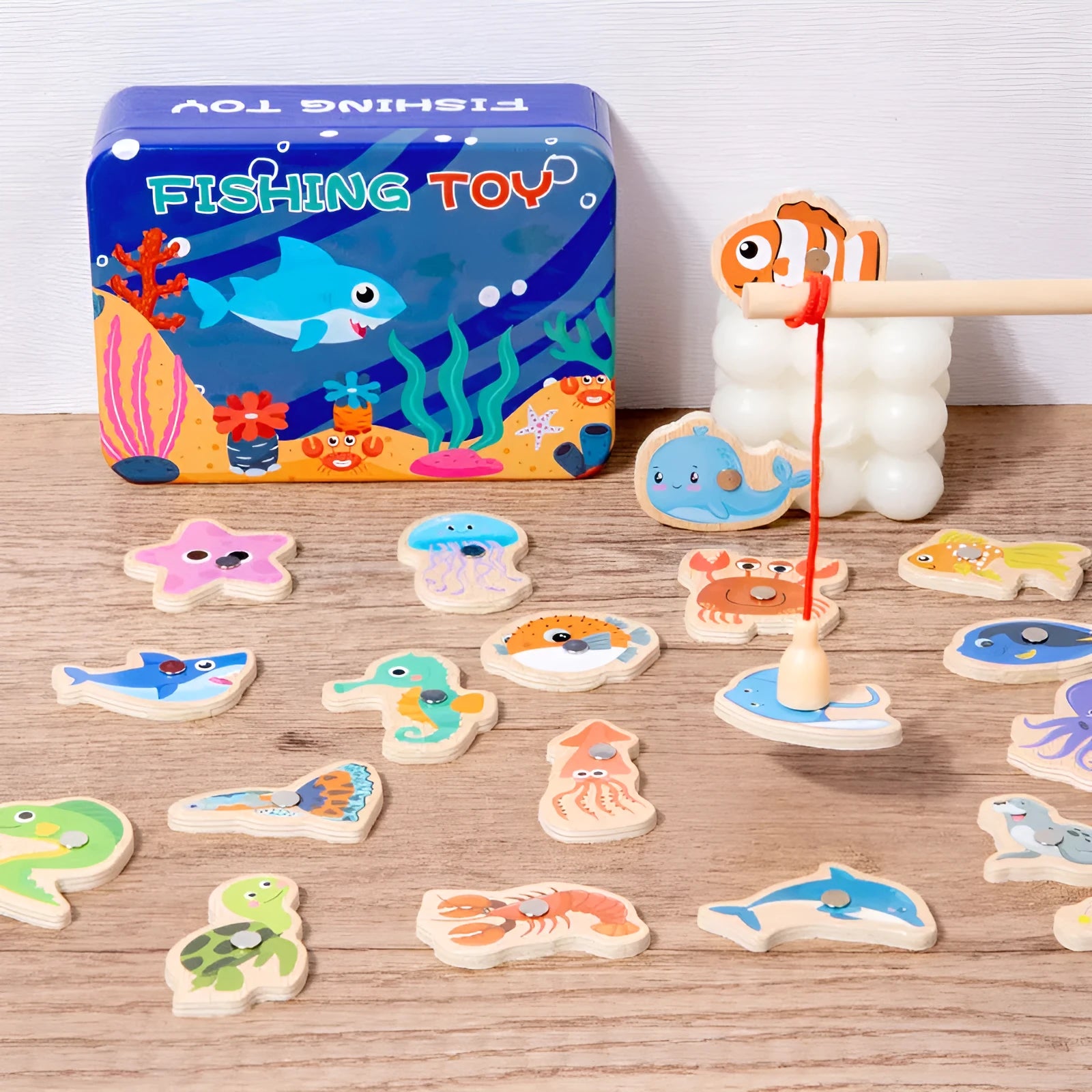 Children's magnetic fishing toy wooden set with 20 fish and 1 rod in iron box for infants