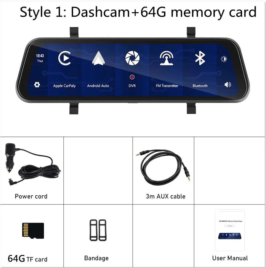 9.66-inch in-mirror car display showing split-screen view from front dashcam and waterproof rear camera.