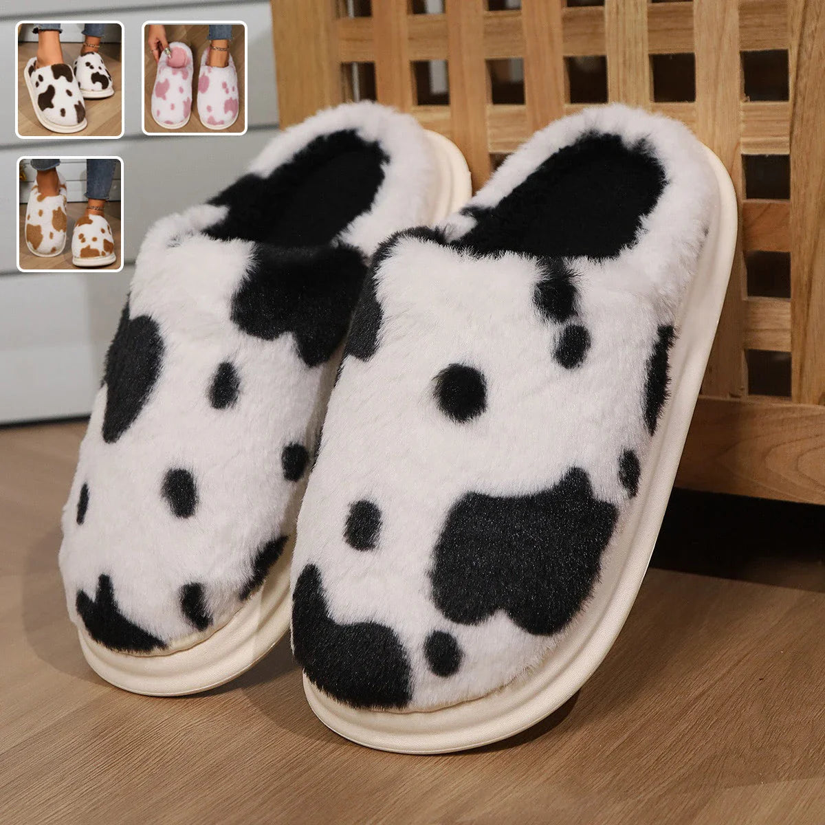 Cozy cow-print plush slippers with soft, fluffy material and non-slip soles for warm, comfortable indoor wear