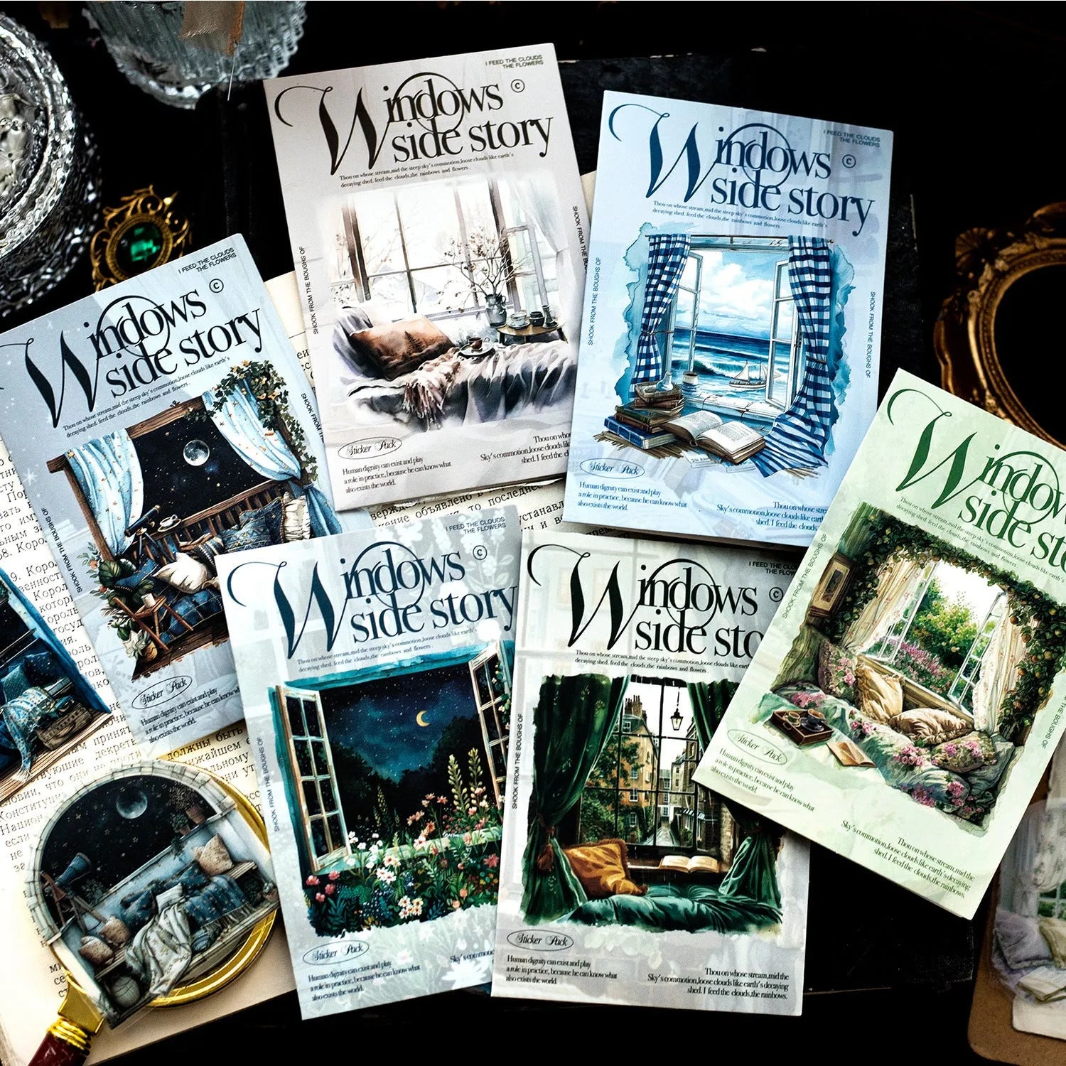 Retro-style Window Story Series decorative vinyl sticker set for journals in multiple colour themes.