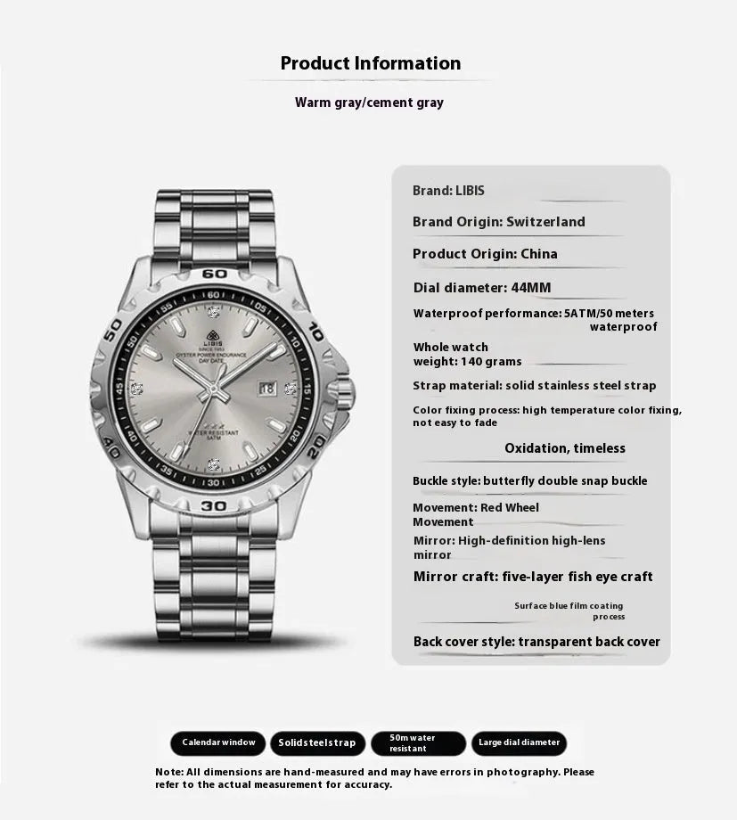 Silver stainless steel men's business watch with luminous dial and sapphire crystal glass