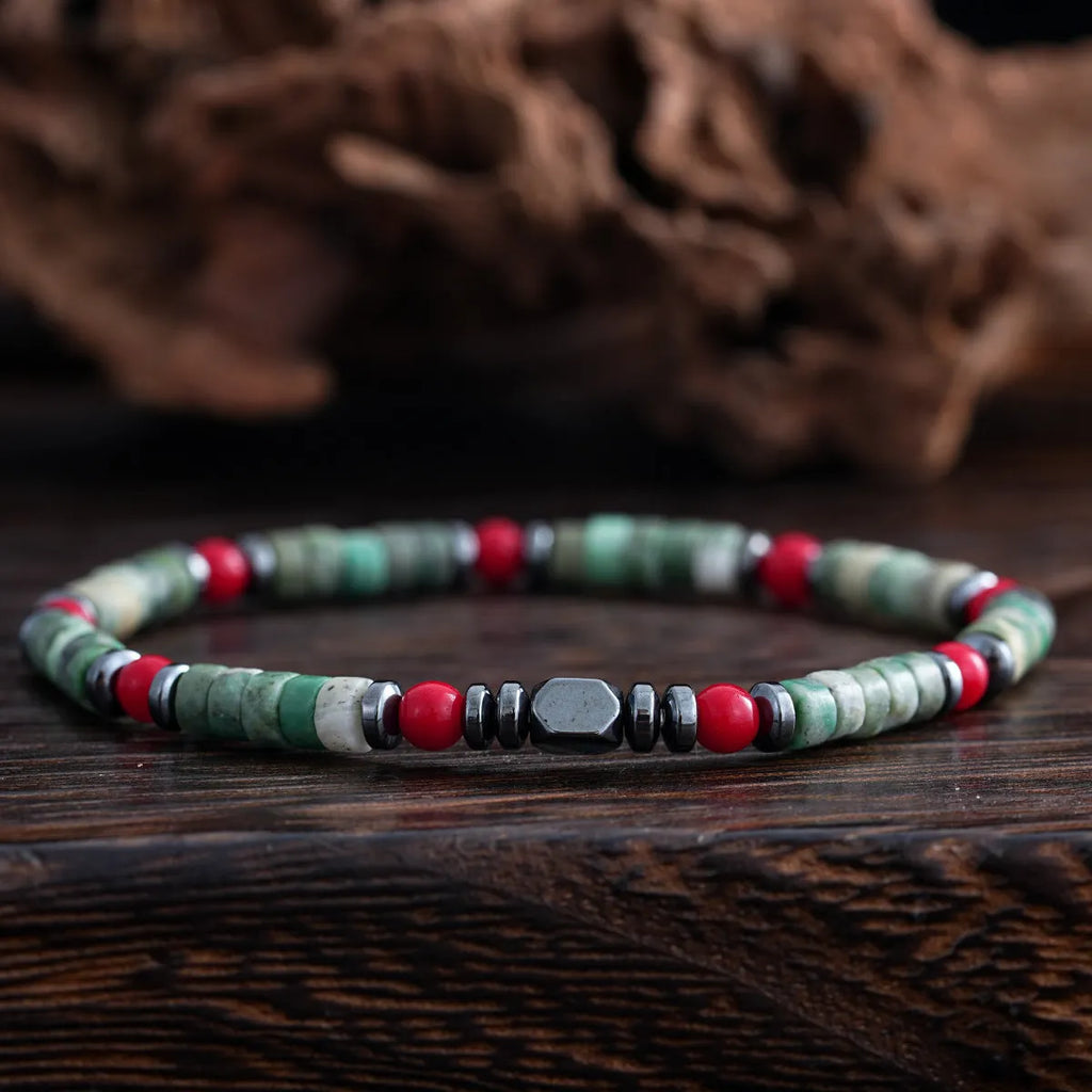 Men's bohemian bracelet with cylindrical natural stone beads on adjustable string closure