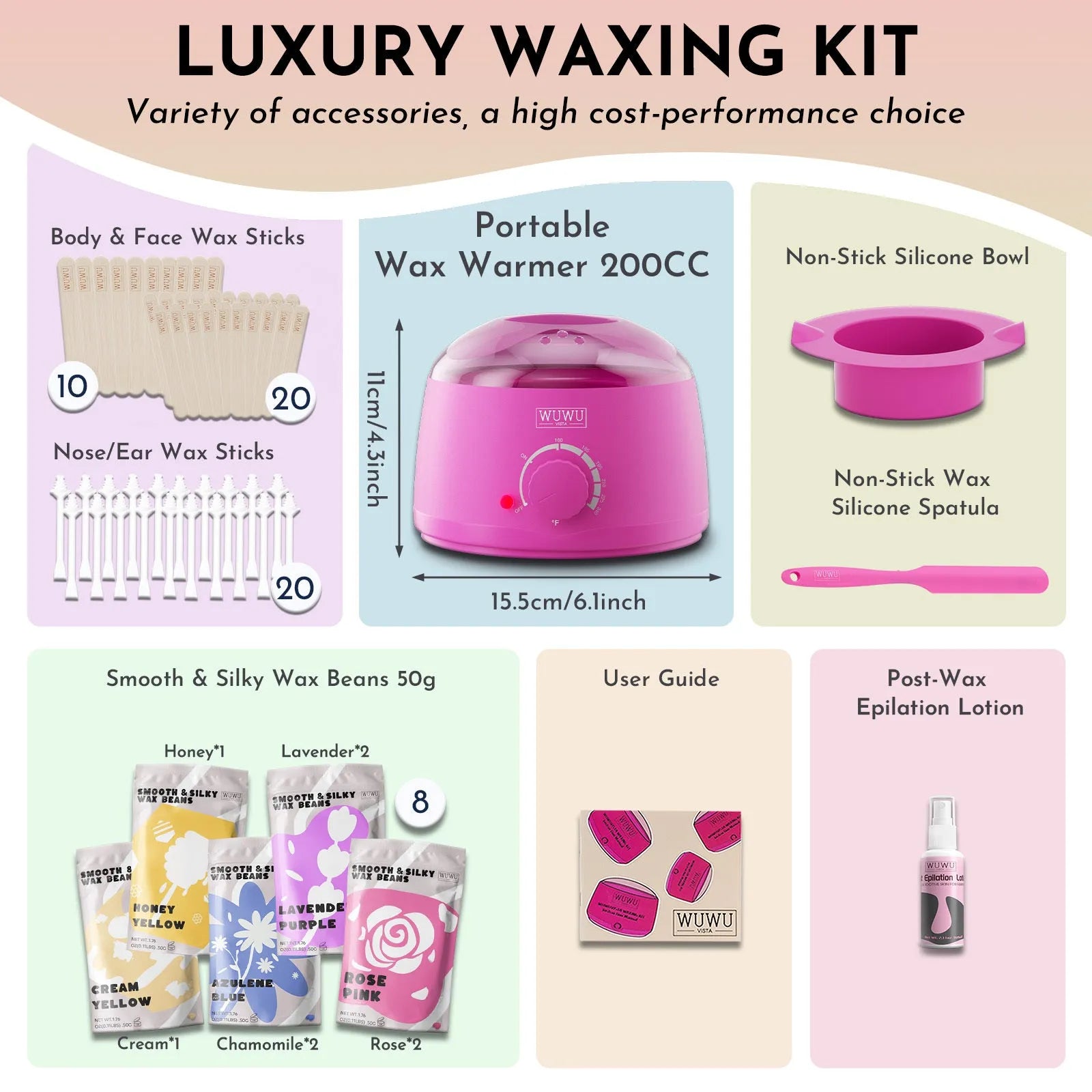 Waxing kit with wax warmer, wax beans, applicator sticks, and lotion for facial and body hair removal