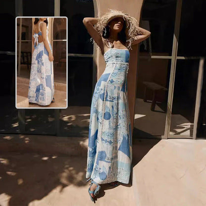 A beautiful backless lace floral maxi dress in various colors with a flowing, elegant silhouette