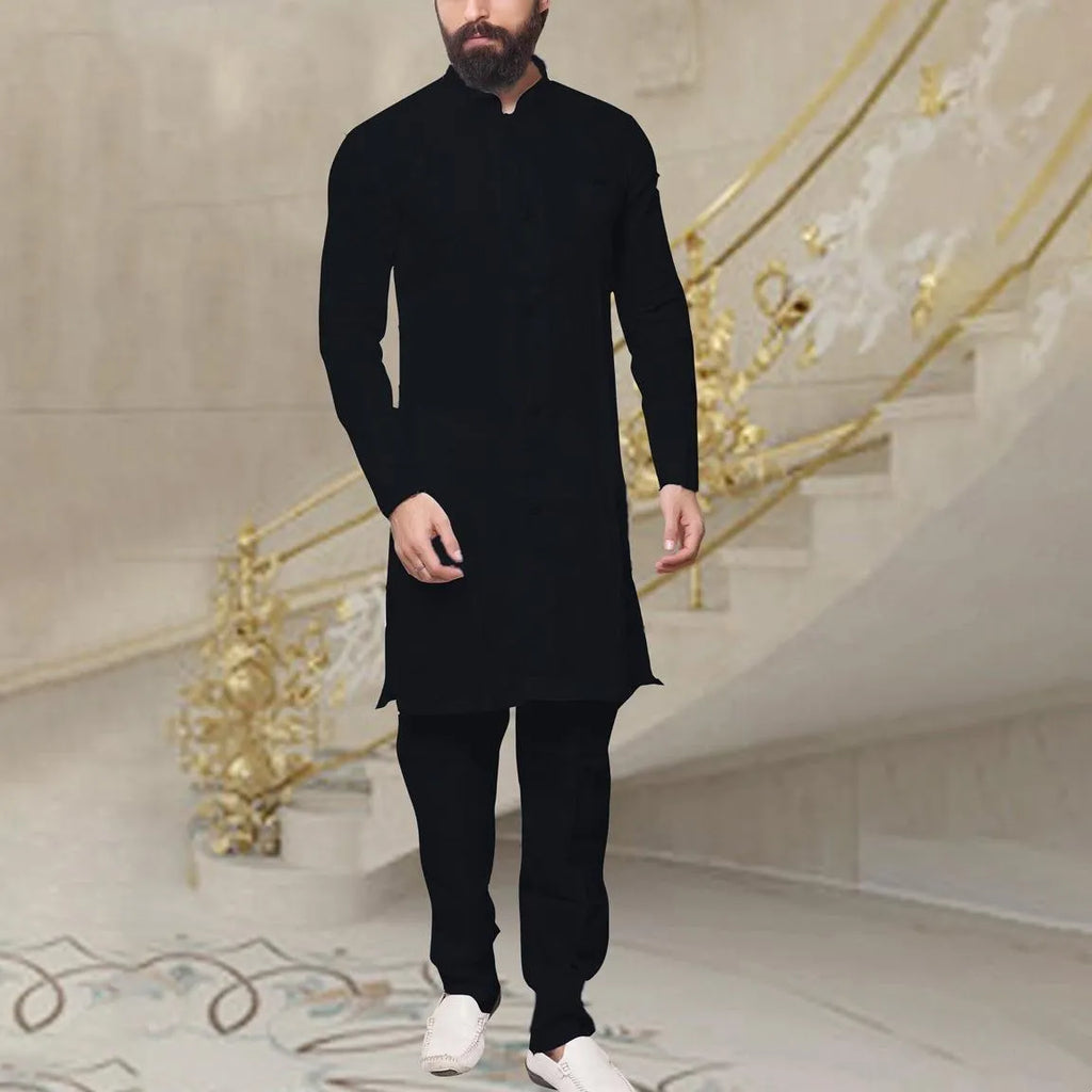 Men Muslim Middle Eastern long shirt in white with standing collar and long sleeves, loose fit, solid colour