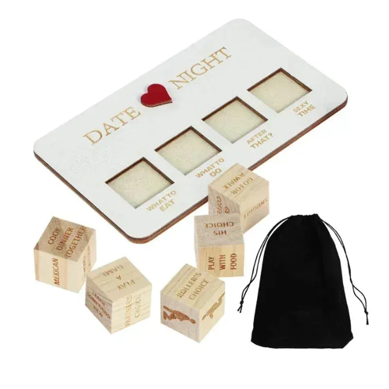 Wooden date night dice game set for couples showing five dice, a wooden planner board and a black storage bag.