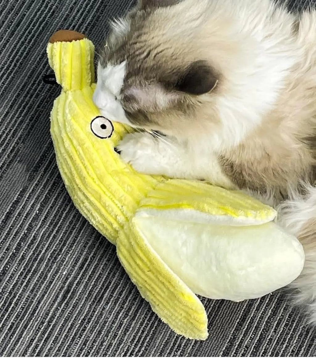Yellow banana-shaped cat toy with plush fabric and crinkle paper sounds for indoor feline exercise