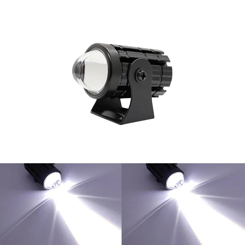 Motorcycle spotlight with dual-colour lens, aluminium housing, showing white and yellow light modes.