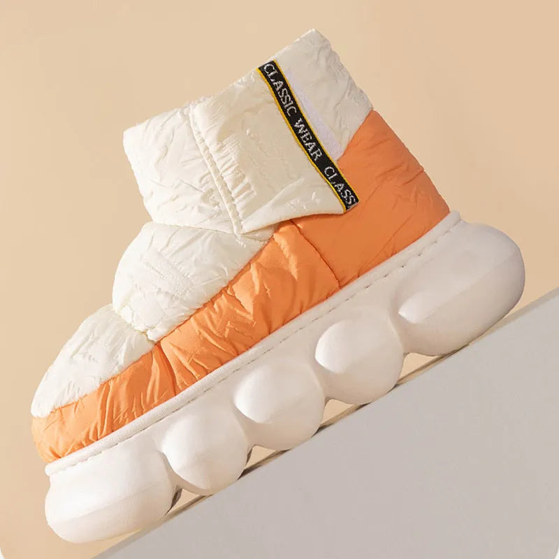 Unisex winter ankle shoes with down cloth upper and EVA sole, flat heel, round toe, in sizes 36-45