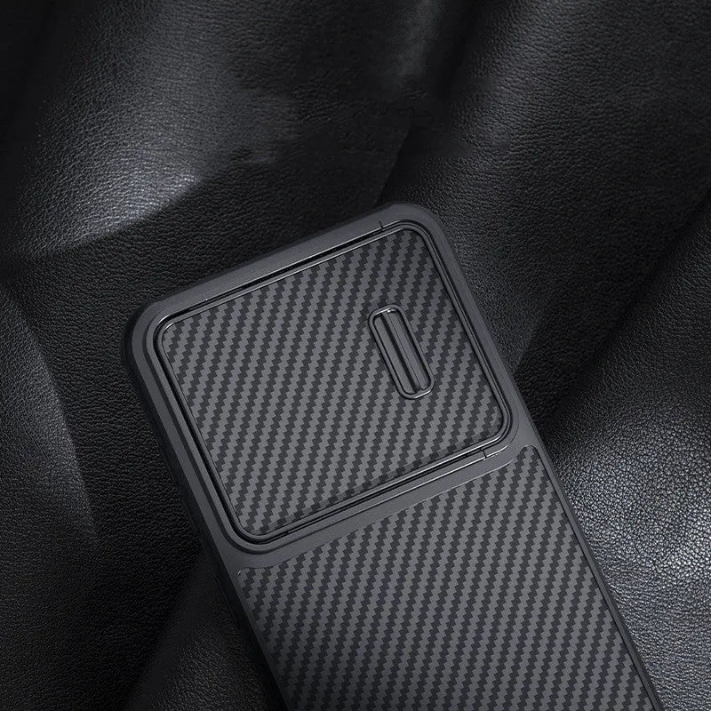 Matte black Samsung S23 Ultra phone case with a push-down camera lens cover, made from TPU, PC and carbon fibre.