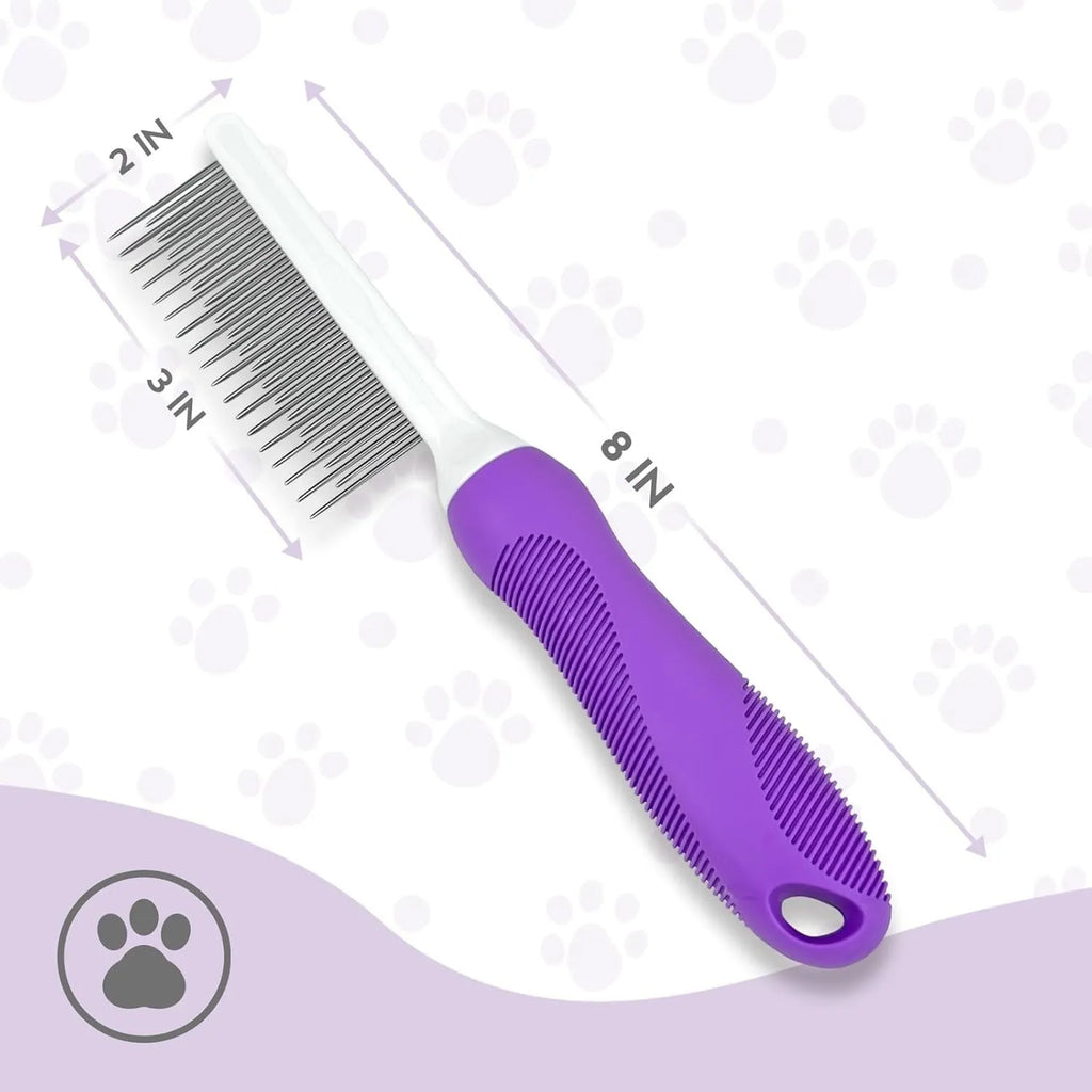 Purple pet grooming comb with stainless steel long and short teeth on a wooden surface.