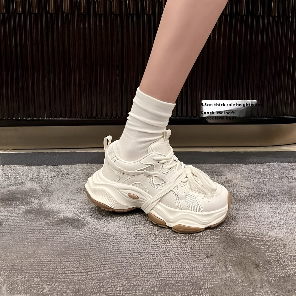 Women's white platform dad sneakers with round toe and lace-up front in Milk White Beige colour